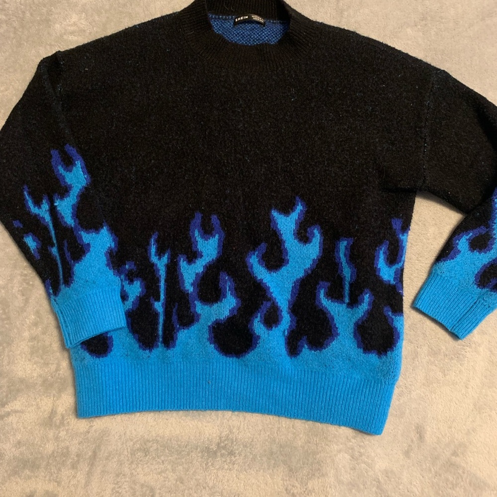 SHEIN Black and Blue Flame Long Sleeve Top